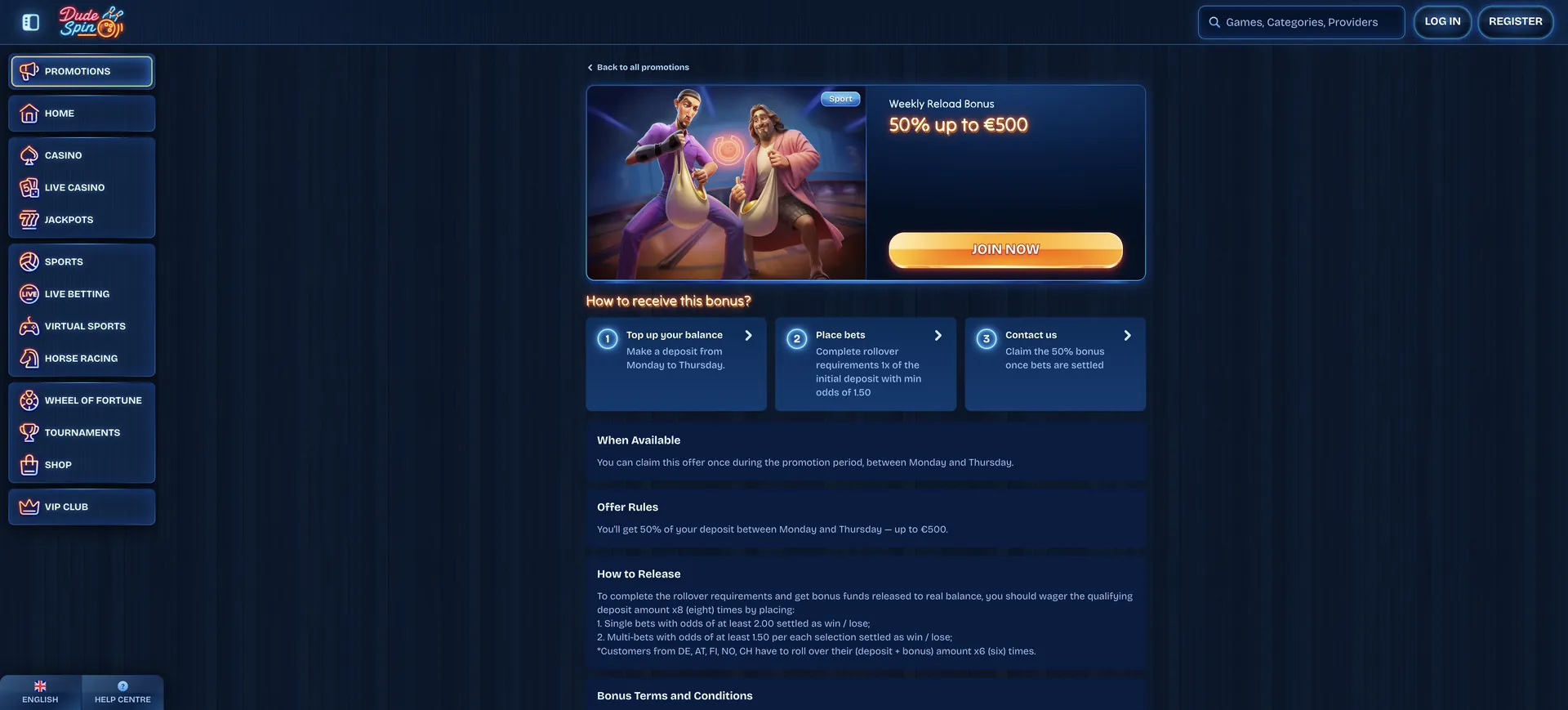 Dudespin Casino Promo Code: 50 Weekly Reload Bonus