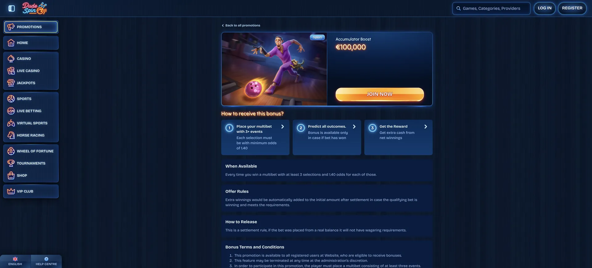 Dudespin Casino Promo Code: Accumulator Boost