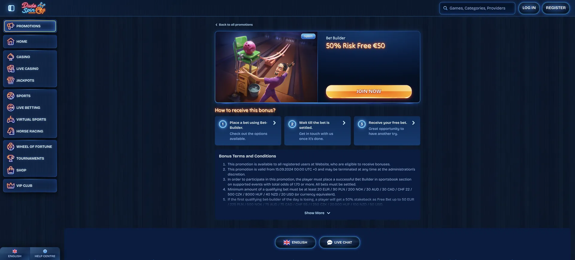 Dudespin Casino Promo Code: Bet Builder 50