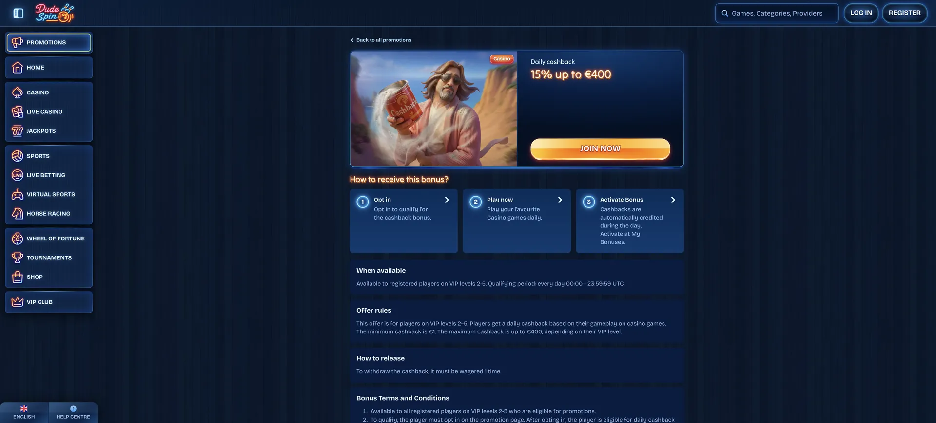 Dudespin Casino Promo Code: Daily Cashback 15