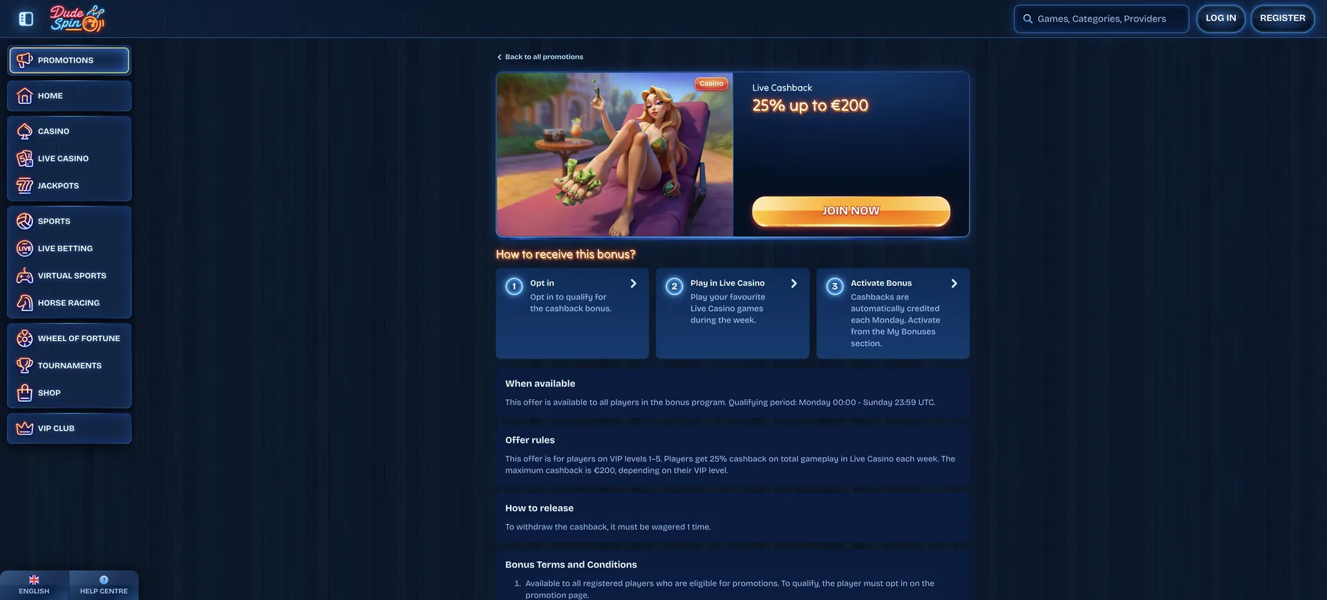 Dudespin Live Casino: Live Cashback 25