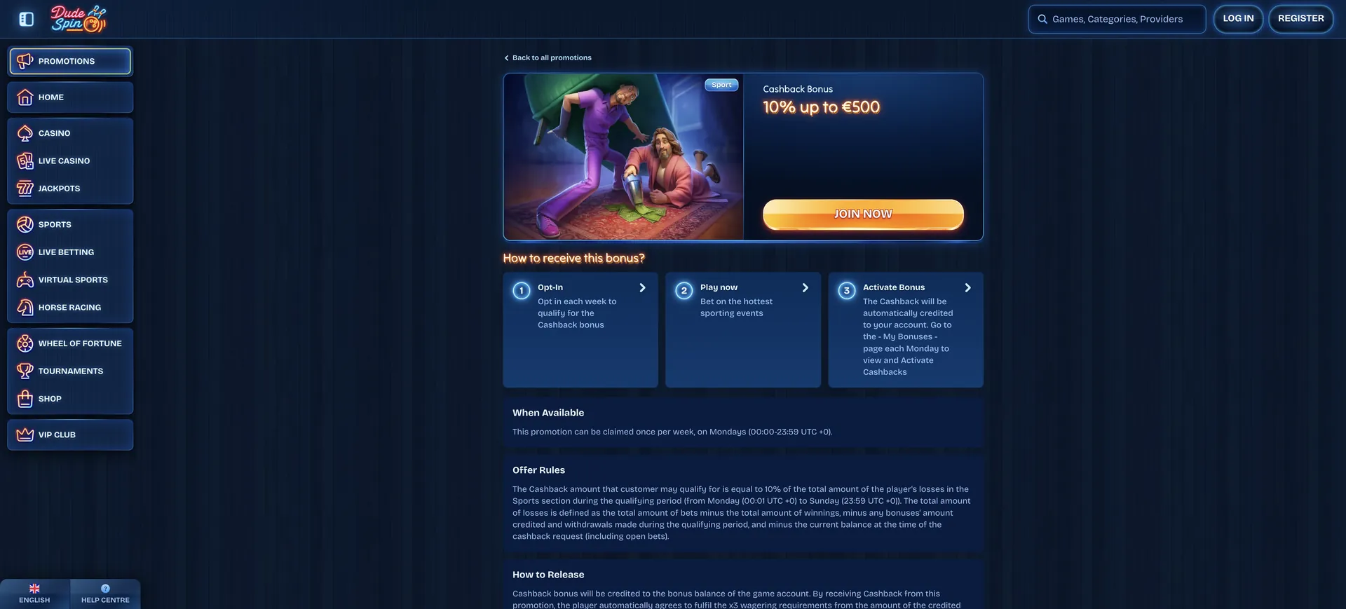 Sport Cashback 500 Dudespin Casino Bonus: Sport Cashback 500