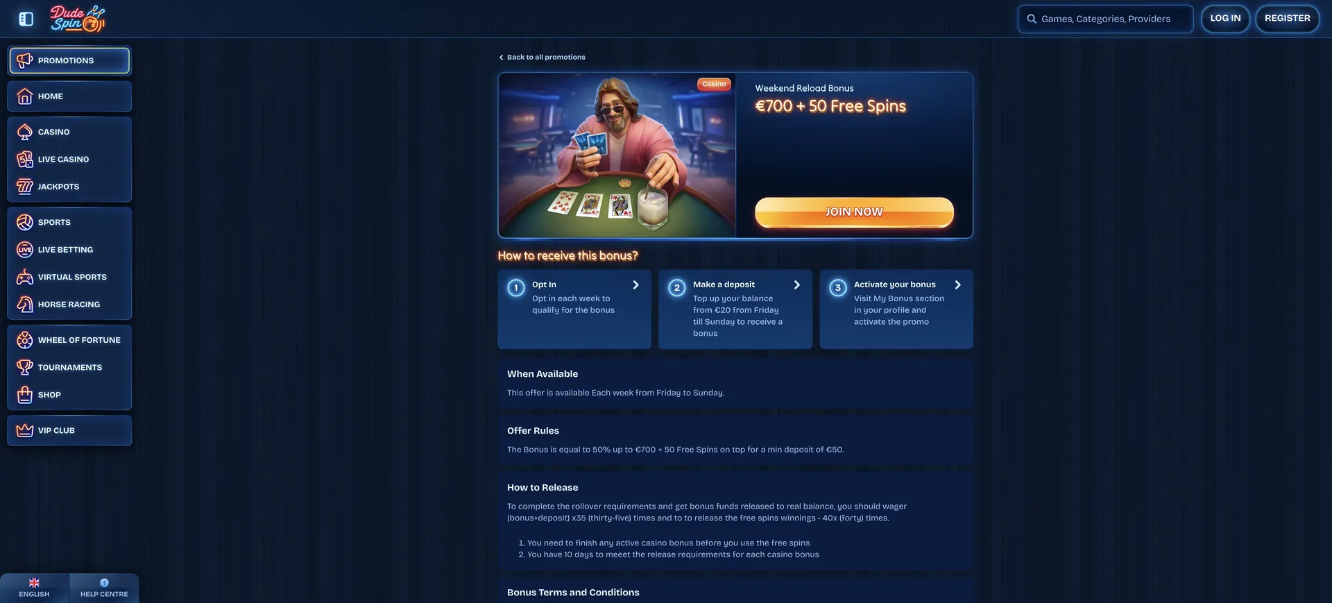 Dudespin Casino No Deposit Bonus: Weekend Reload